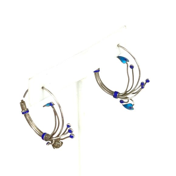 Vintage Silver & Blue Artistic Enamel Hoop Earrings With Abstract Design Tribal - Picture 3 of 10